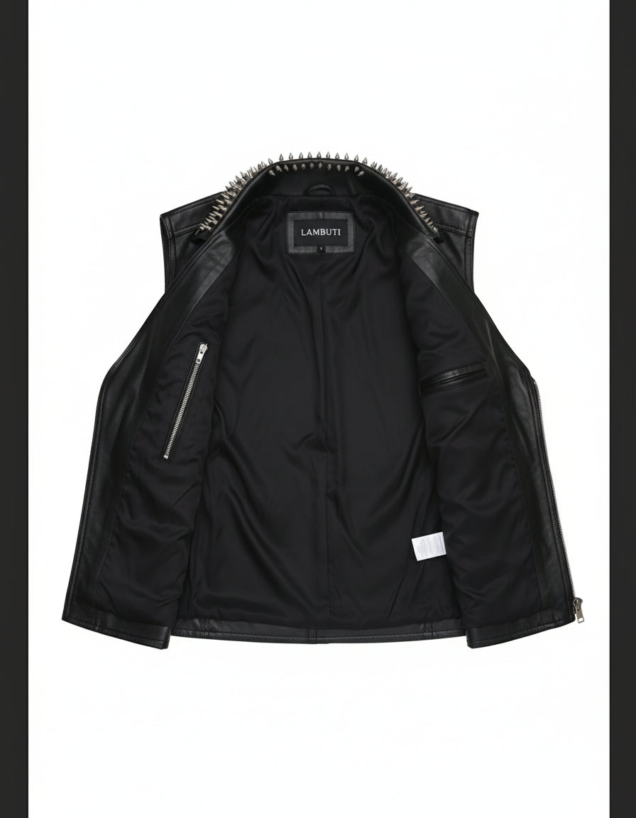 close-up-lining - Handmade Men Black Leather Vest Style Jacket with stud work, Men Rock Punk