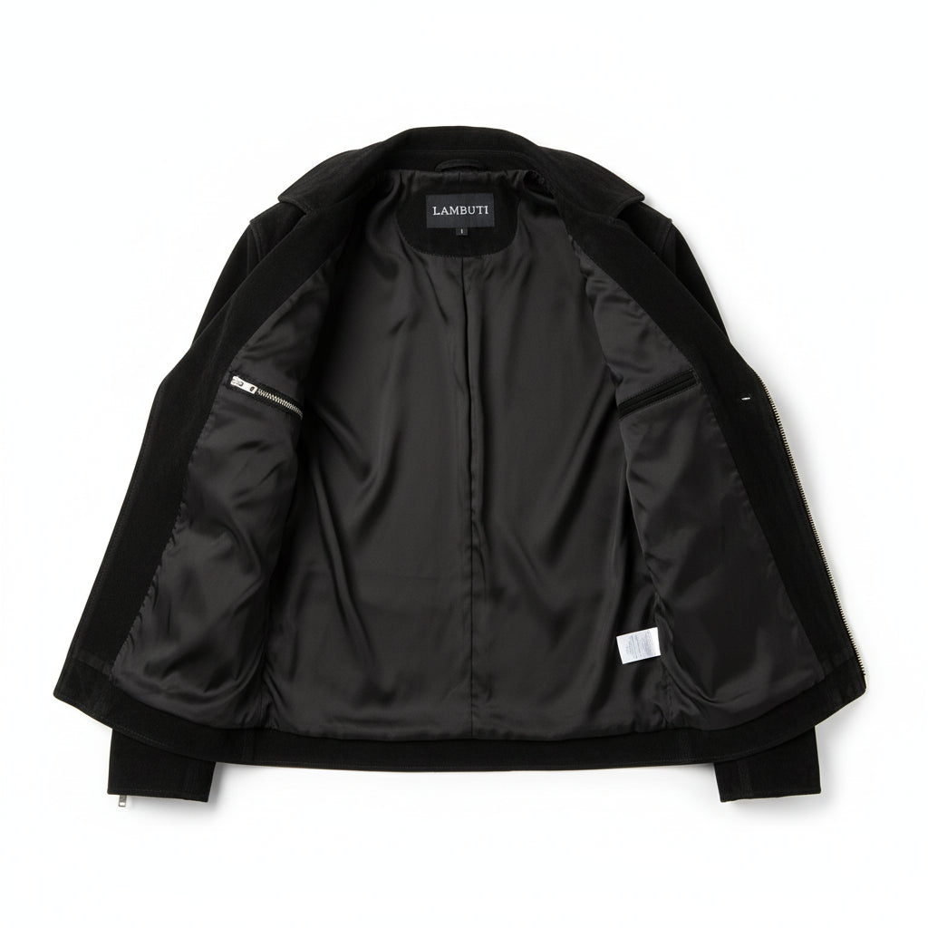 close-up-lining - Handmade Men Front Zipper Fasten Black Suede Biker Jackets, Real Suede