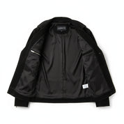 close-up-lining - Handmade Men Front Zipper Fasten Black Suede Biker Jackets, Real Suede