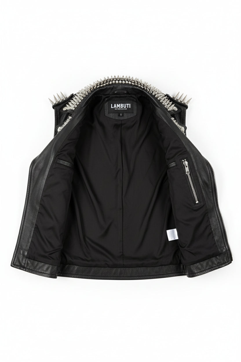 close-up-lining - Handmade Men Rock Punk Style Belted Leather Vest, Biker Studded Jacket