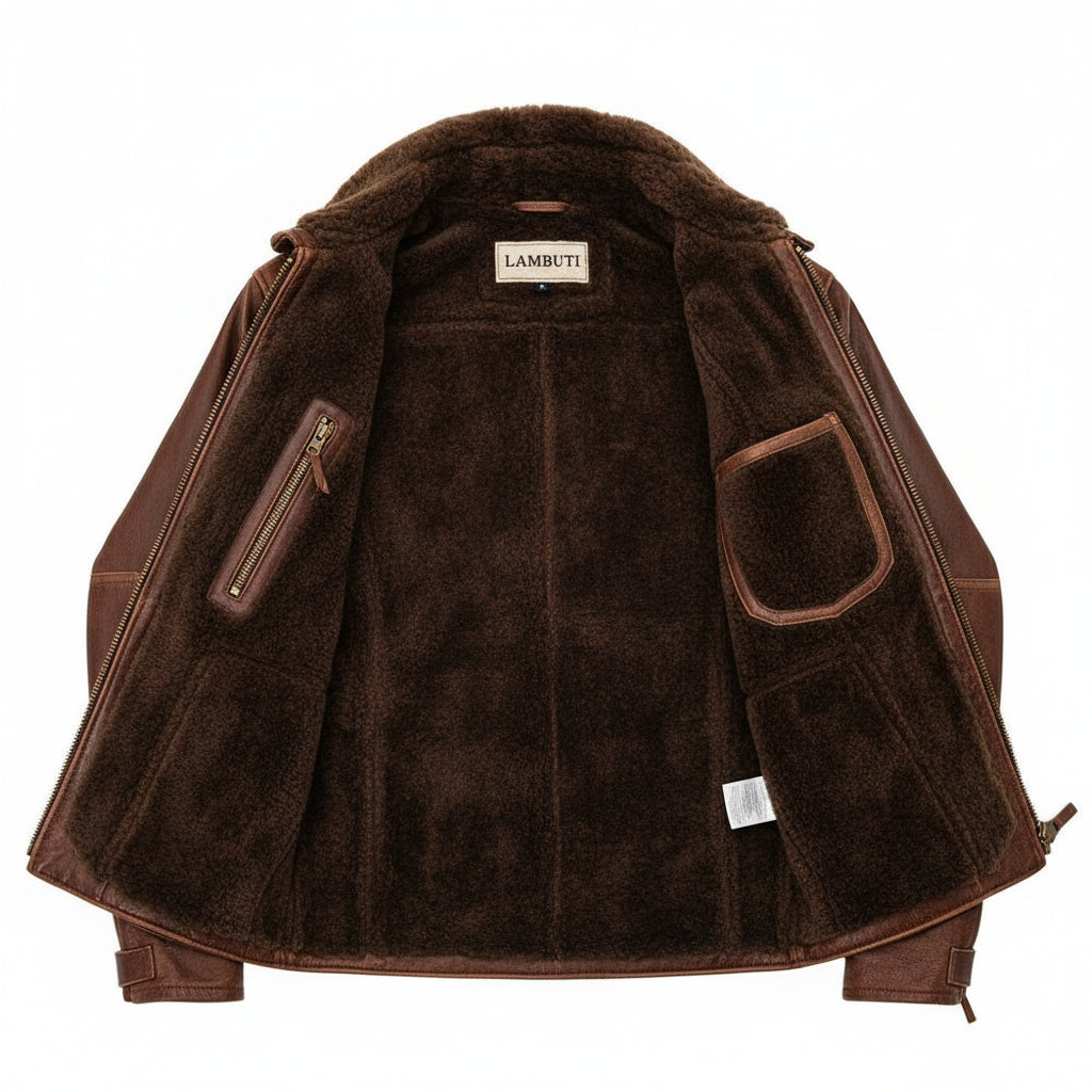 close-up-lining - Handmade Mens Antique brown Leather Jacket. Brown Fashion biker leather Jacket