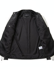 close-up-lining - Handmade Mens black and white slim fit biker jacket, Men leather Jacket