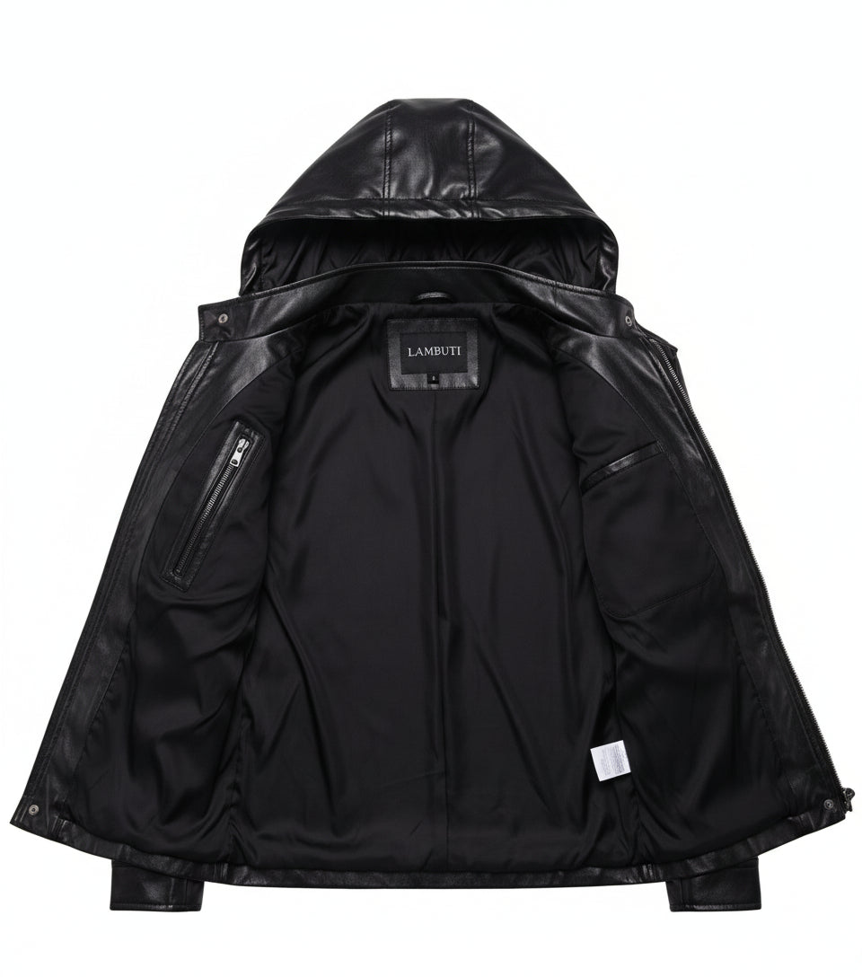 close-up-lining - Handmade Mens Black Biker hooded leather jacket, Black sheep leather jacket