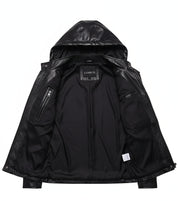 close-up-lining - Handmade Mens Black Biker hooded leather jacket, Black sheep leather jacket