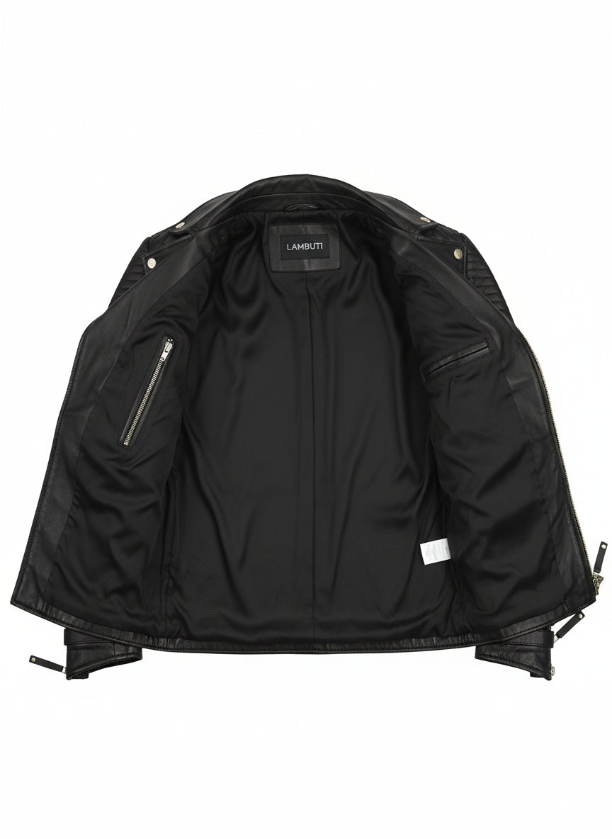 close-up-lining - Handmade Men's Black Biker Leather Jacket, Black Sheep Leather Motorcycle Jacket for Men