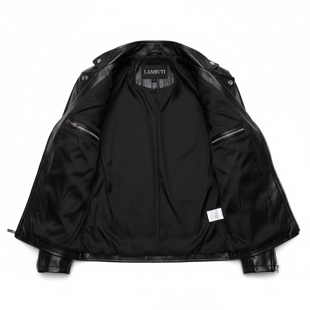 close-up-lining - Handmade Mens Black Leather Jacket, Men Black Biker Leather Jacket