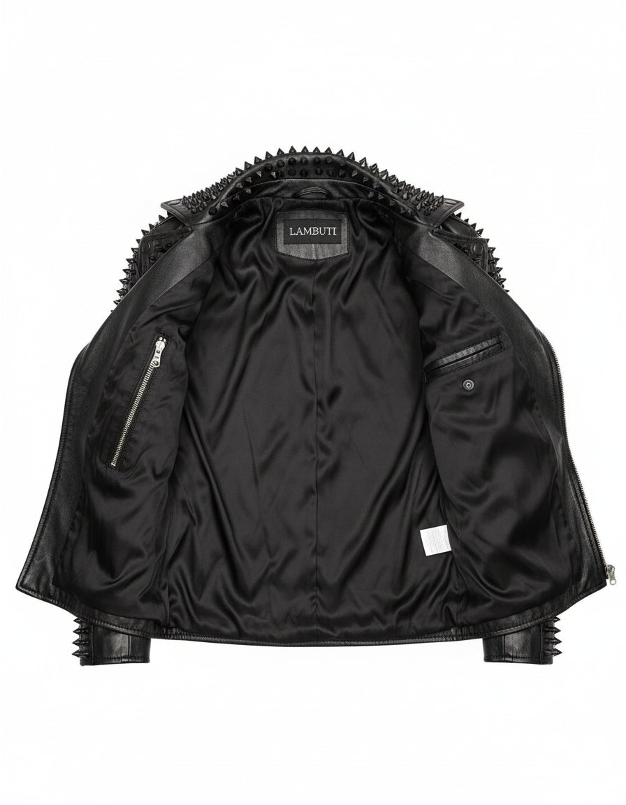 close-up-lining - Handmade Men's Black Studded Punk Style Black Biker Rock Design Jacket