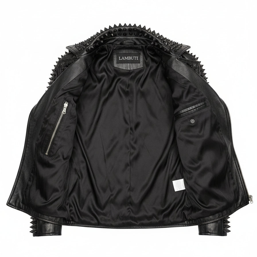 close-up-lining - Handmade Men's Black Studded Punk Style Black Biker Rock Design Jacket