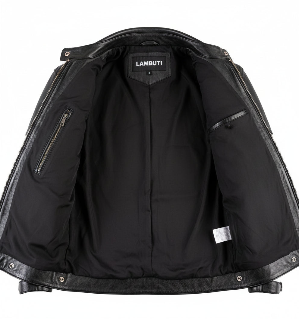 close-up-lining - Handmade Mens Two tone biker Jacket, Men black Brando motorcycle Jacket