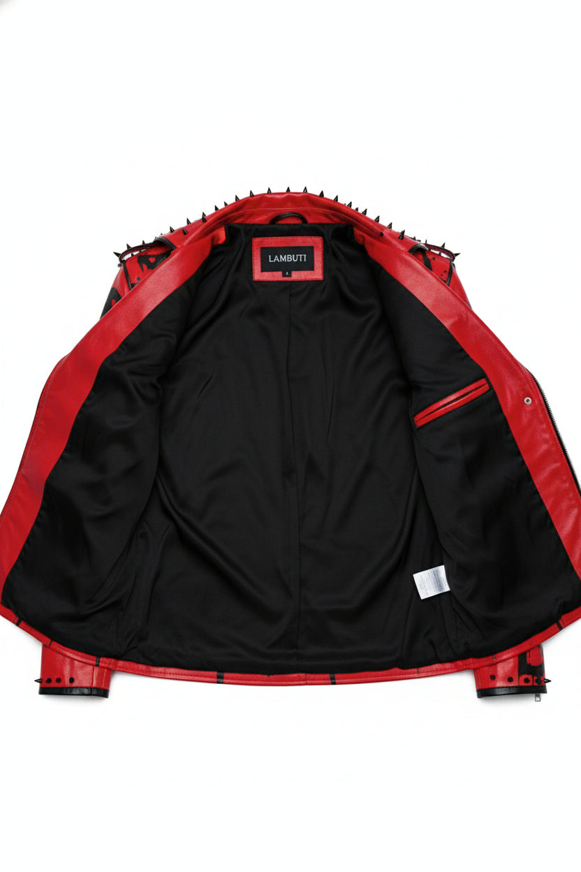 close-up-lining - Handmade Red Sinner leather jacket, men punk style fashion jacket