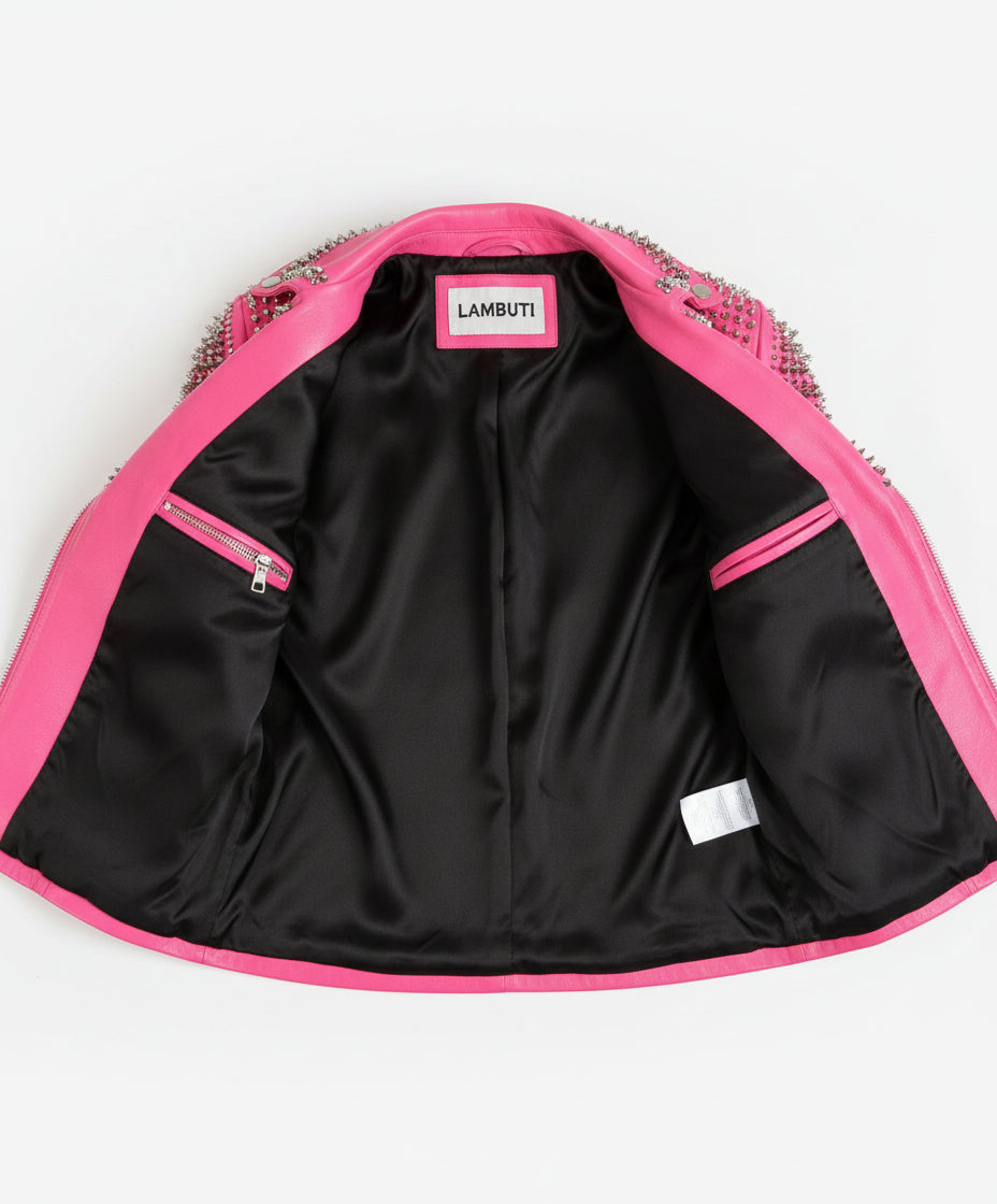 close-up-lining - Handmade women pink punk style jacket, leather gothic rivet rock jacket