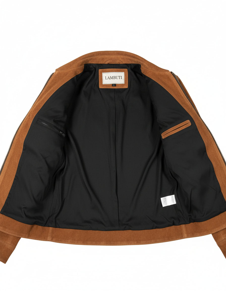 close-up-lining - Handmade women Tan brown suede jacket, women multi pocket trucker jacket