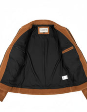 close-up-lining - Handmade women Tan brown suede jacket, women multi pocket trucker jacket