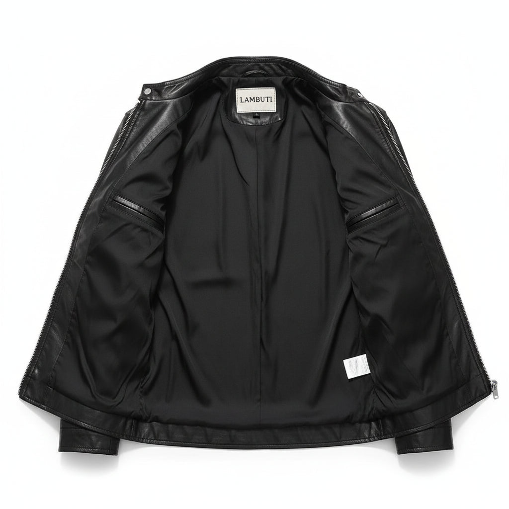 close-up-lining - Made to order Men black Slim fit leather jacket, black biker jacket for men