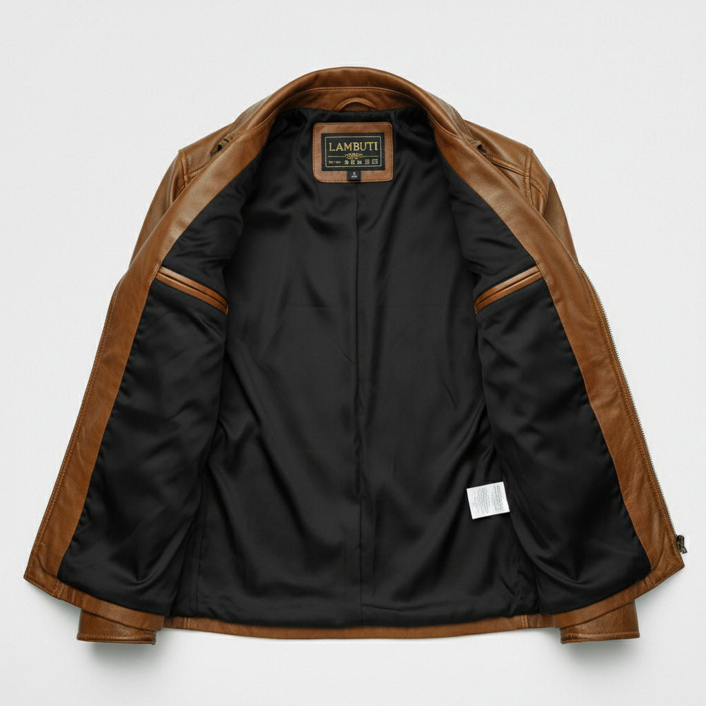 close-up-lining - Men Antique Brown Coat Style Belted Leather Jacket with Multiple pockets