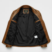 close-up-lining - Men Antique Brown Coat Style Belted Leather Jacket with Multiple pockets