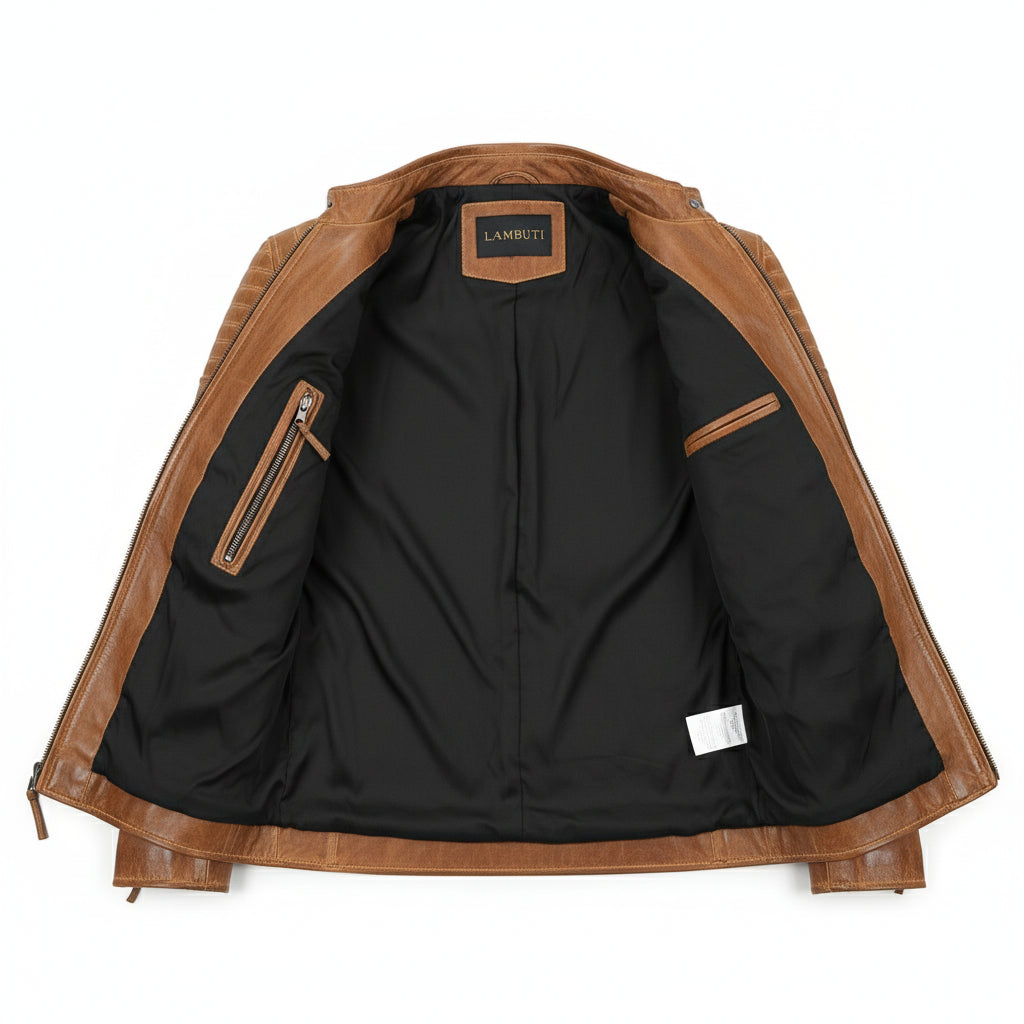 close-up-lining - Men antique brown leather jacket, Men tan brown biker leather jacket