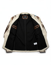 close-up-lining - Men Beige Finished Cow Leather Jacket Beads & Long Fringe Work On Jackets