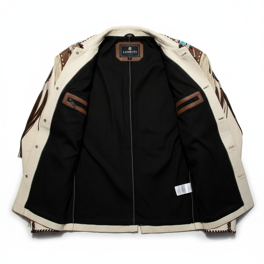 close-up-lining - Men Beige Finished Cow Leather Jacket Beads & Long Fringe Work On Jackets