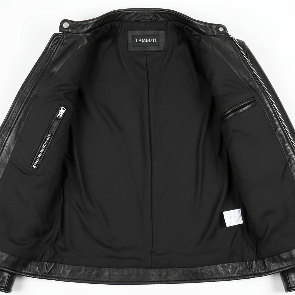 close-up-lining - Men black biker jacket, Motorcycle jacket for men, Men leather jacket