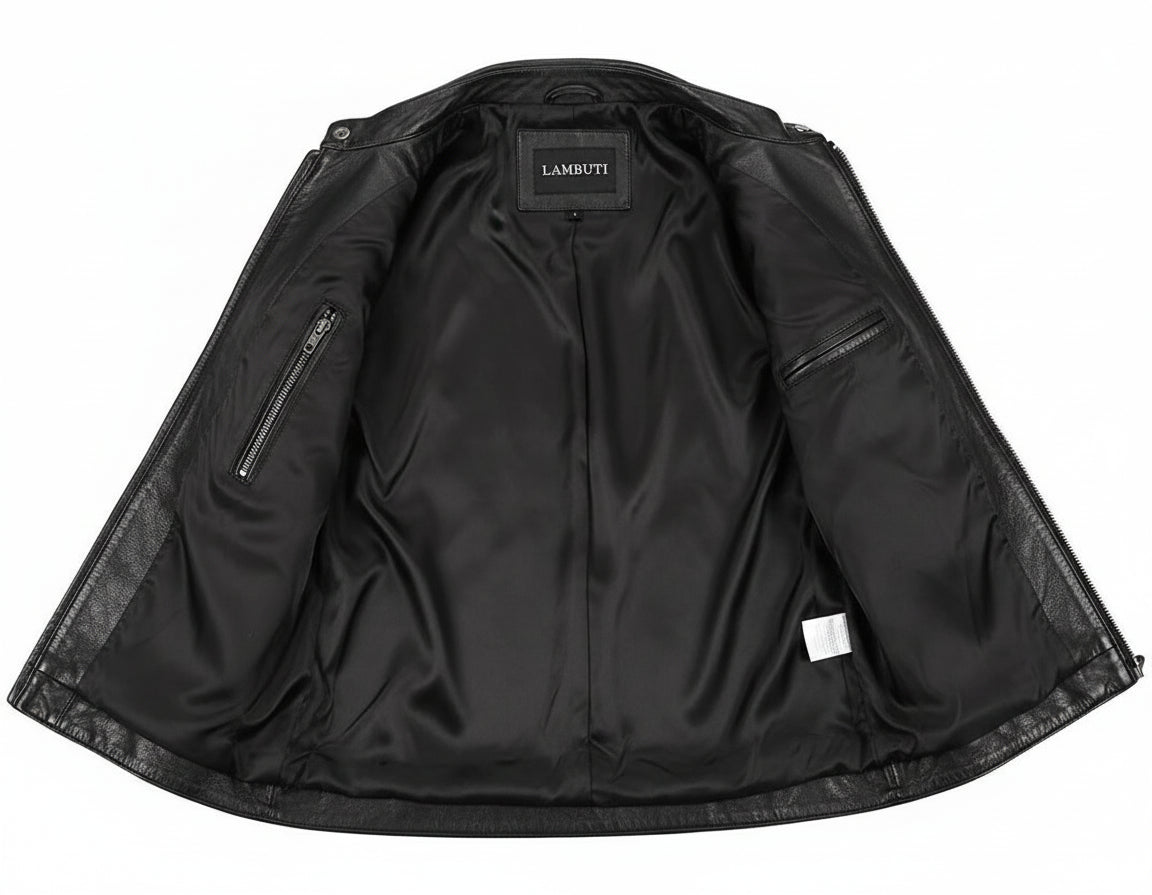 close-up-lining - Men Black biker leather jacket Men Black Slim fit motorcycle leather jacket