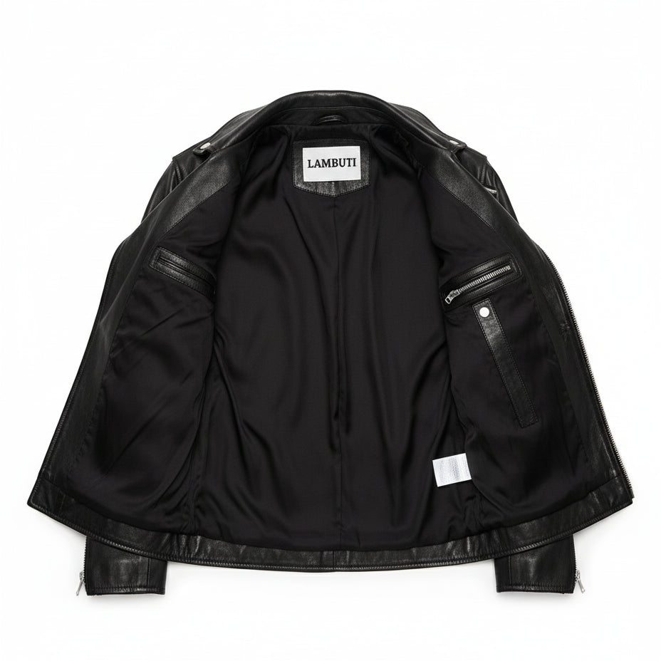 close-up-lining - Men black biker leather Jacket, Men motorcycle jacket, biker jacket for men
