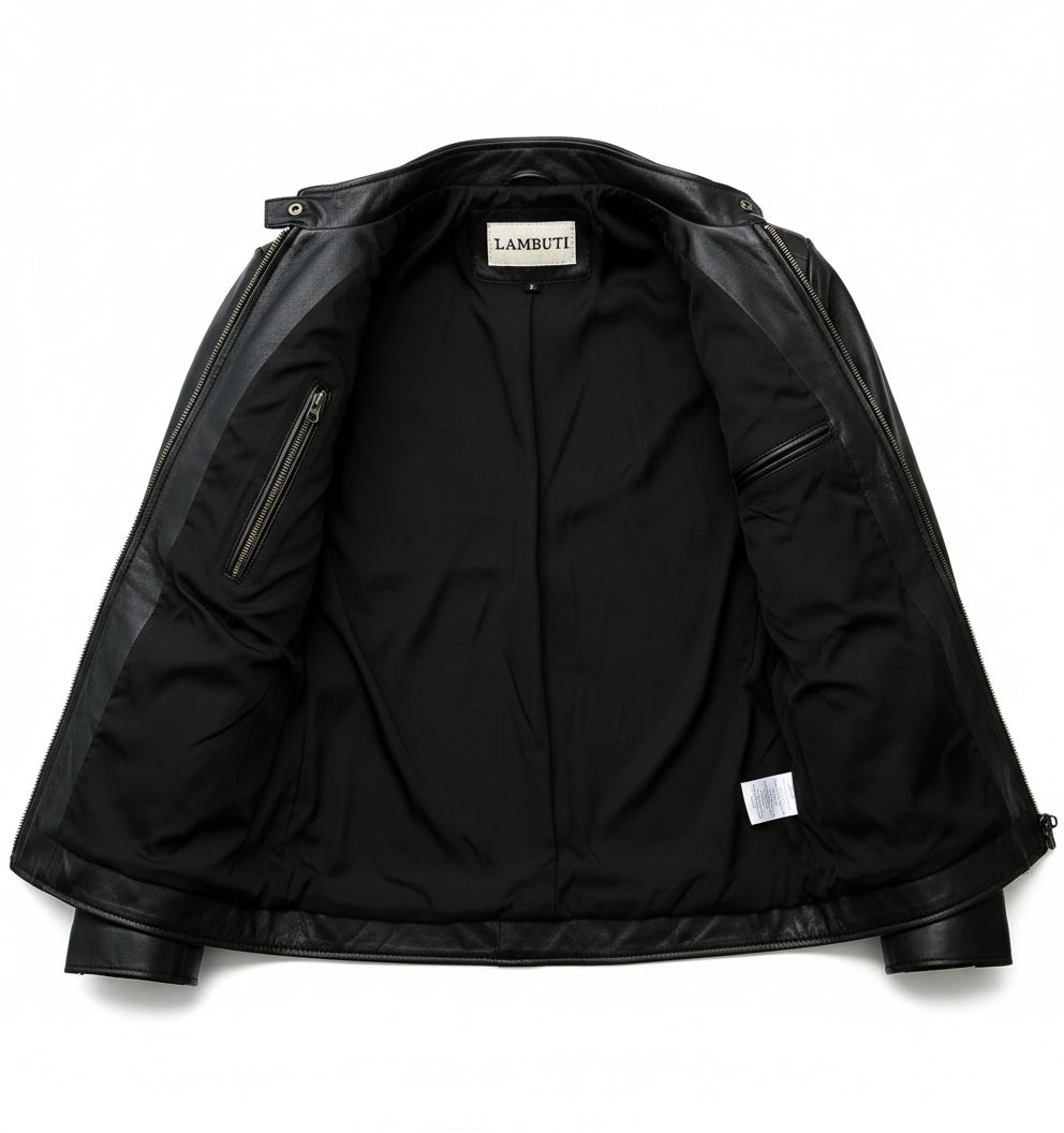 close-up-lining - Men Black Biker Leather Jacket, Men's Stylish Black Sheep Leather Biker Jacket