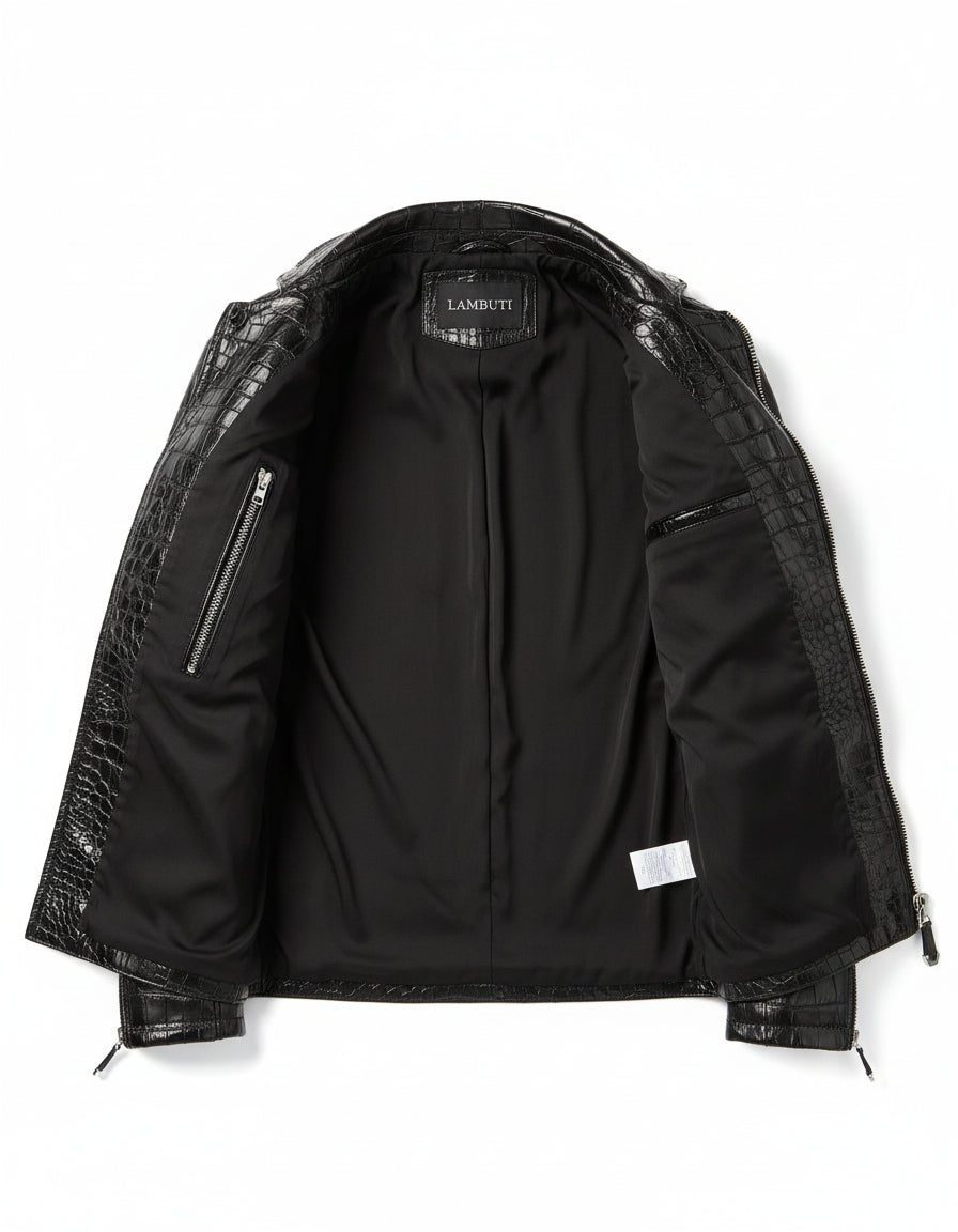 close-up-lining - Men Black Crocodile Embossed Pattern leather Jacket , Men Leather jacket