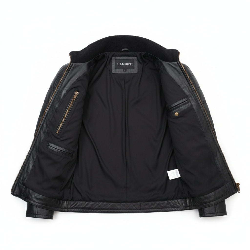 close-up-lining - Men Black Lamb Skin Quilted leather Jacket, Men black quilted biker jacket