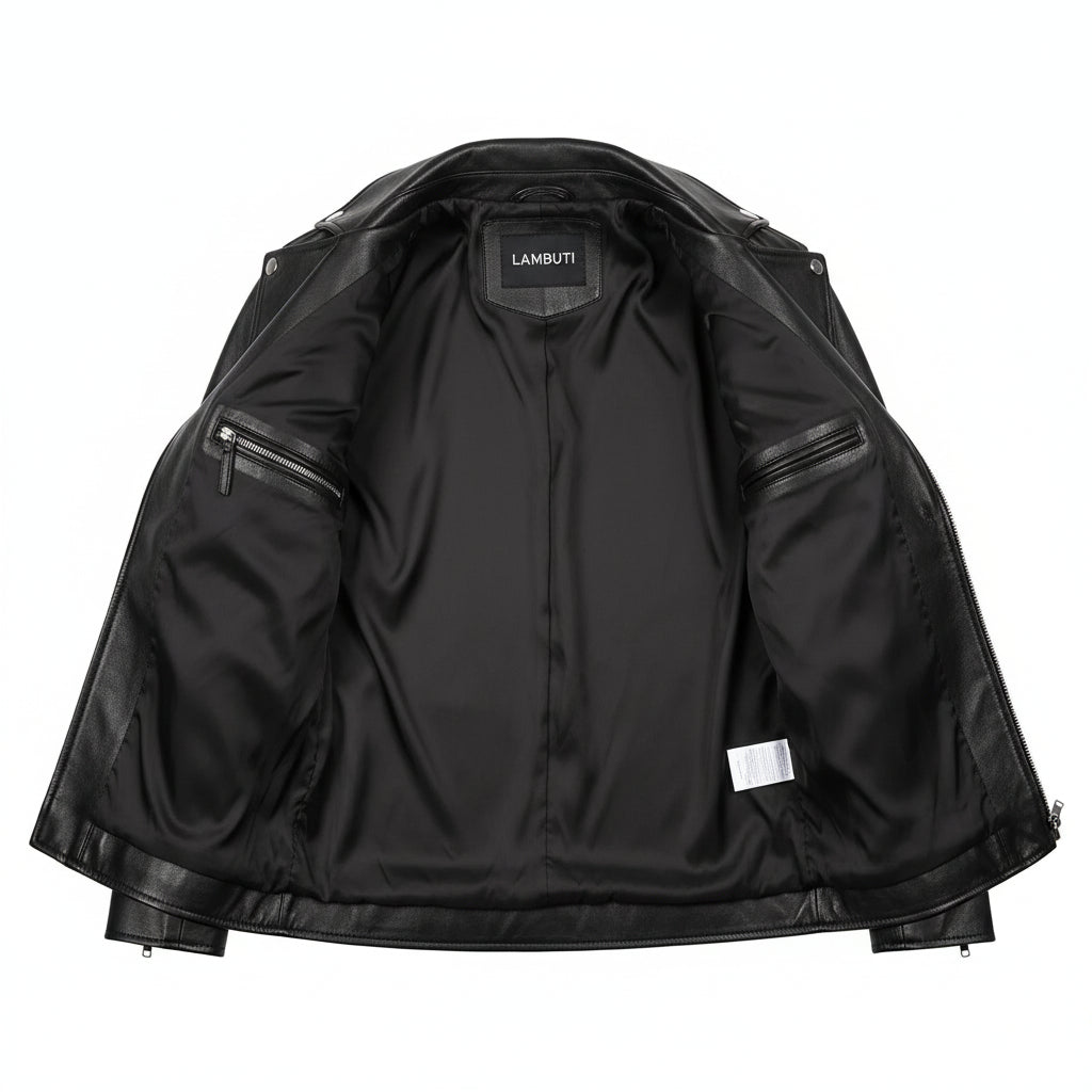 close-up-lining - Men Black Leather Biker Jacket, Mens wide collar jacket , Mens Jackets
