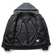close-up-lining - Men Black Leather Bomber Style Leather Jacket with Hoodie, Baseball Jackets