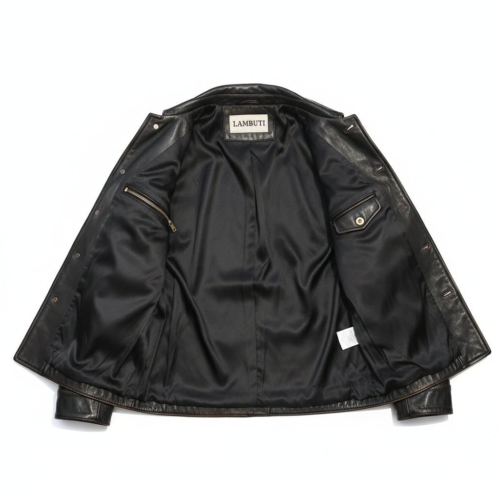 close-up-lining - Men Black Leather Coat Jacket, Winter Men Fashion Leather Apparel, Bikers