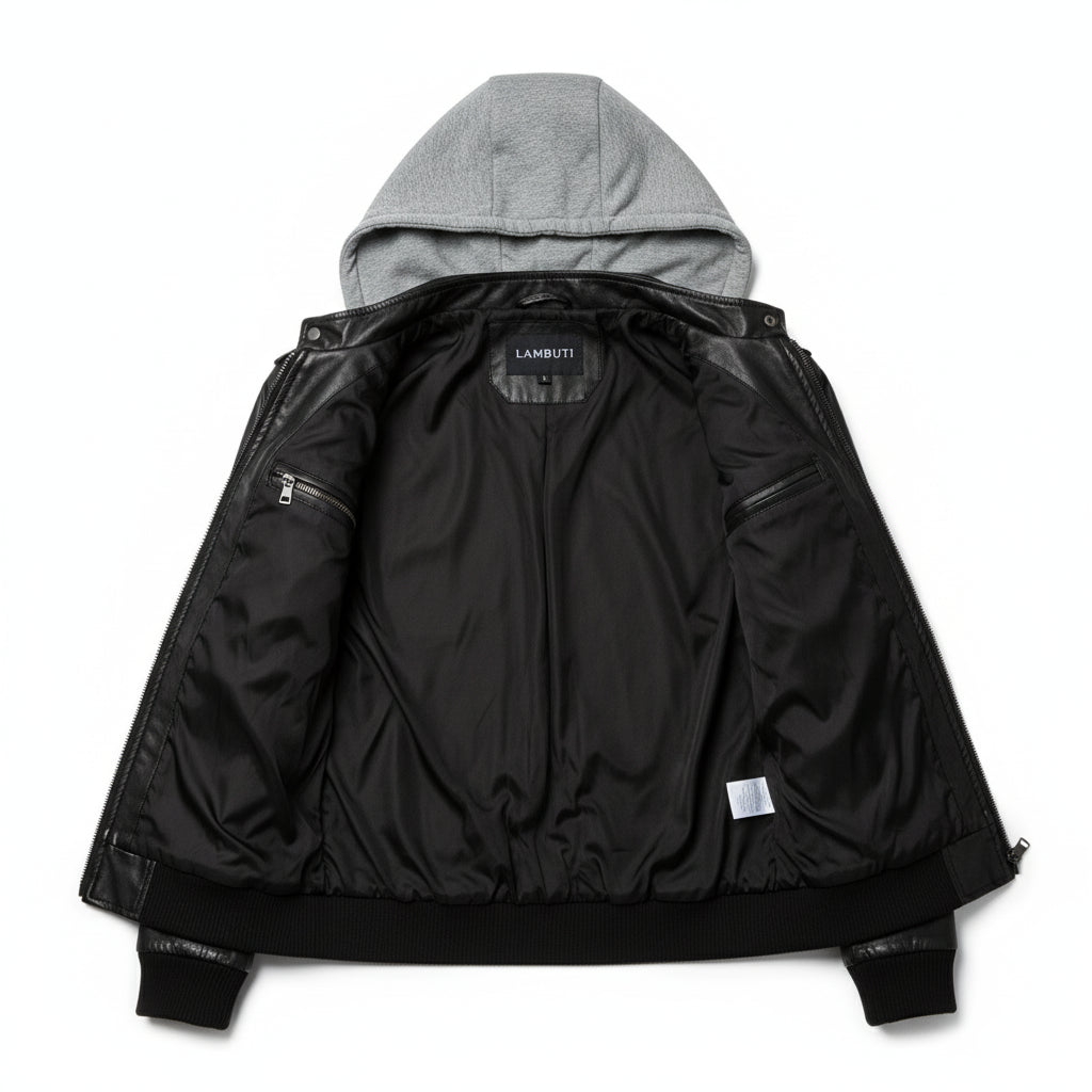 close-up-lining - Men Black Leather Fashion Jacket with Hoodie, Bomber Style hooded Jacket