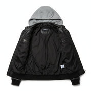 close-up-lining - Men Black Leather Fashion Jacket with Hoodie, Bomber Style hooded Jacket