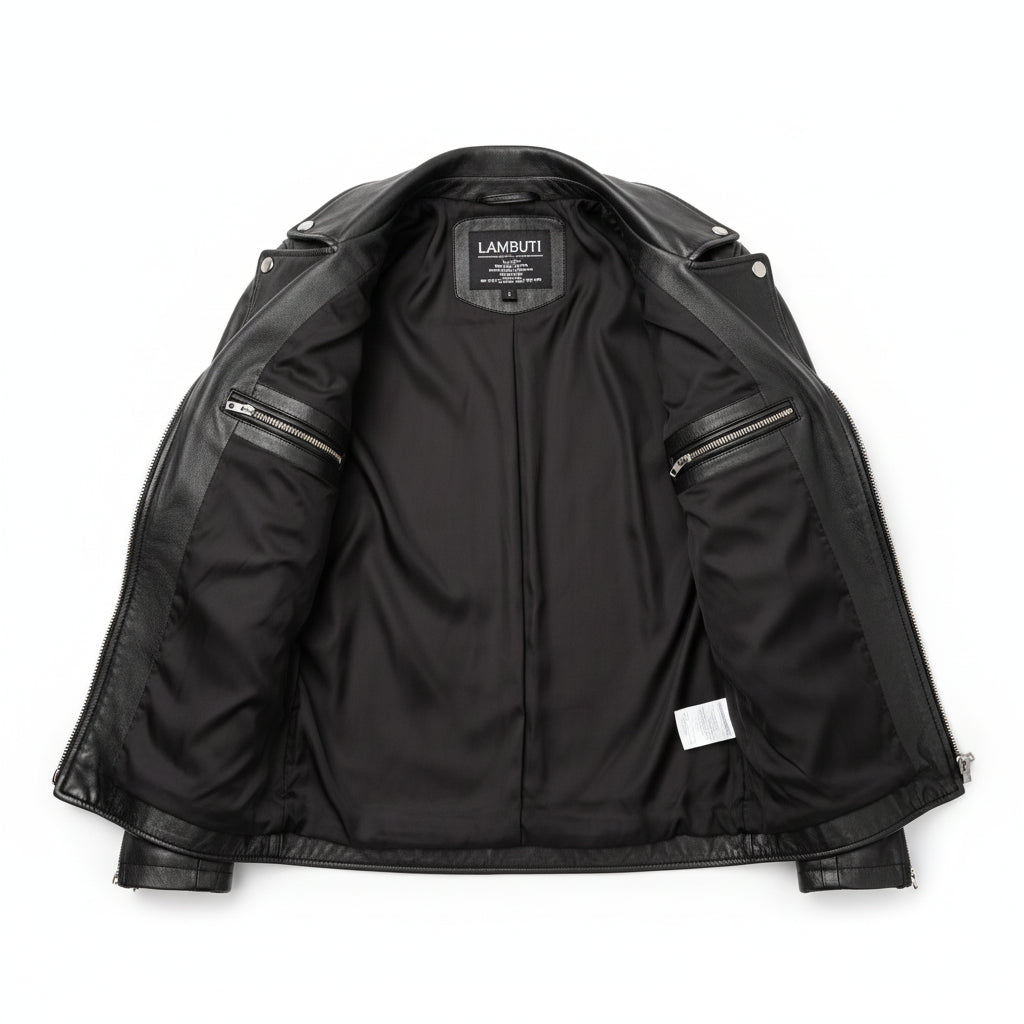 close-up-lining - Men Black Leather Motorcycle, Winter Fashion Leather Jacket
