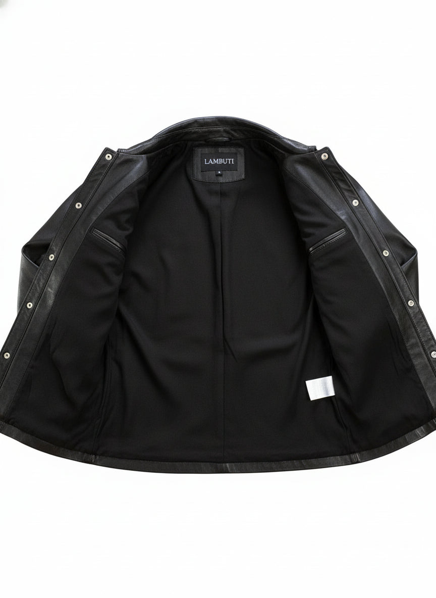 close-up-lining - Men Black Leather Slim fit Jacket with Cargo pockets, Men Fashion Jackets