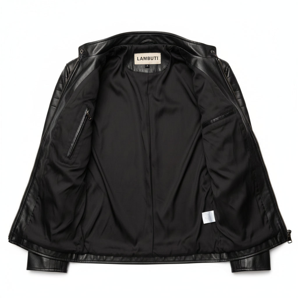 close-up-lining - Men Black leather slimfit jacket, Men biker jacket, leather jacket men