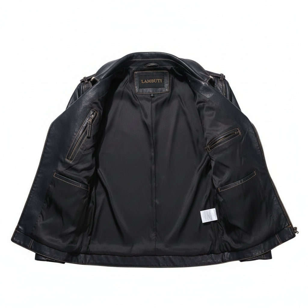 close-up-lining - Men Black Leather Stylish Biker Jacket, Racer Jacket for ,Fashion Jacket