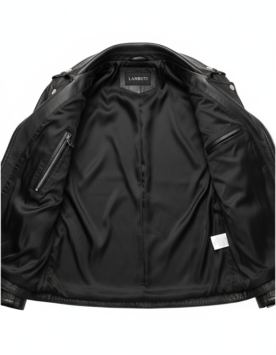 close-up-lining - Men Black multi pocktes biker leather jacket, Black motorcycle jacket