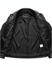 close-up-lining - Men Black multi pocktes biker leather jacket, Black motorcycle jacket