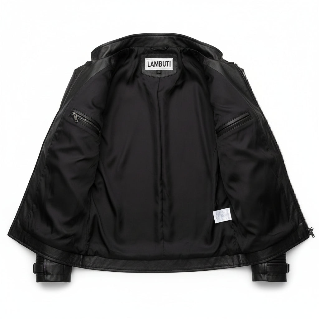 close-up-lining - Men black sheep leather bomber leather jacket, Men black biker jacket