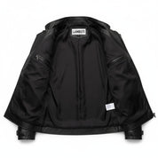 close-up-lining - Men black sheep leather bomber leather jacket, Men black biker jacket