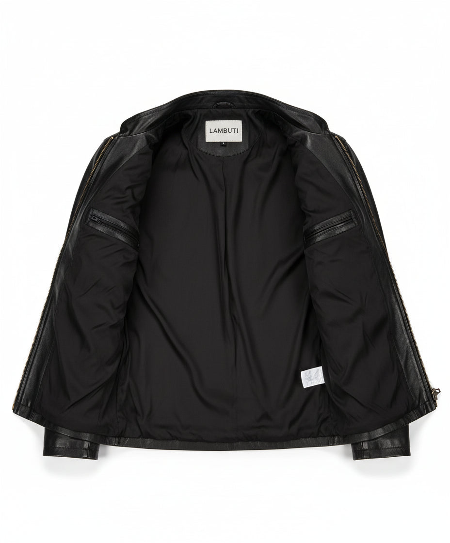 close-up-lining - Men black sheep leather Jacket, Men motorcycle jacket, Biker jacket for men