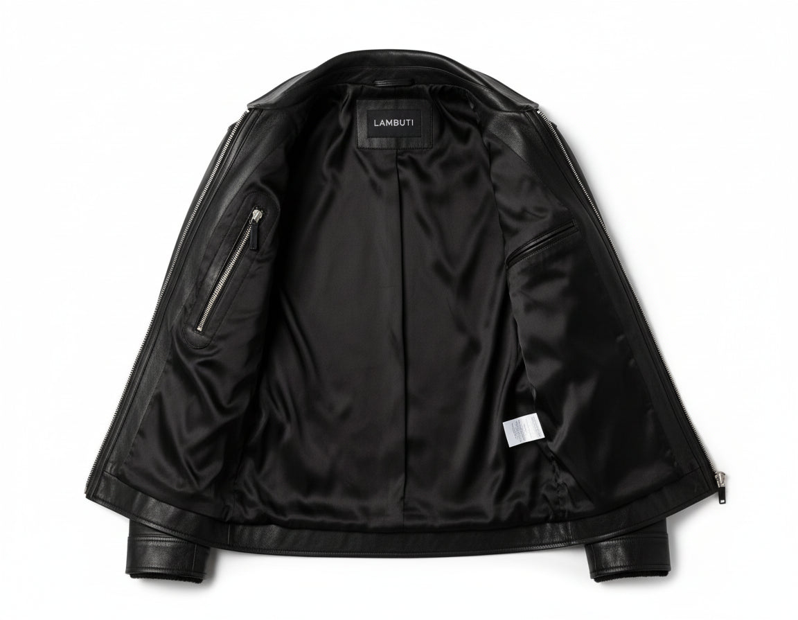 close-up-lining - Men black sheep leather Jacket, Men motorcycle jacket, biker jacket for men