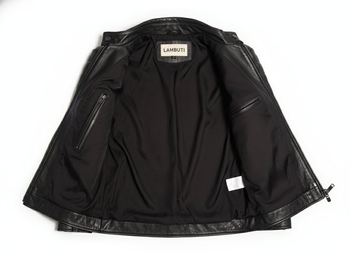 close-up-lining - Men black sheep leather Jacket, Stand collar motorcycle jacket