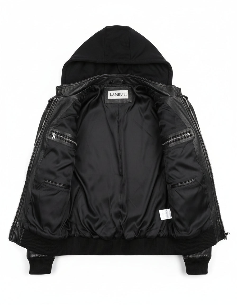 close-up-lining - Men Black Slim Fit Fabric Hooded Jacket, Leather Hooded Jacket, Hoodies