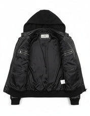 close-up-lining - Men Black Slim Fit Fabric Hooded Jacket, Leather Hooded Jacket, Hoodies