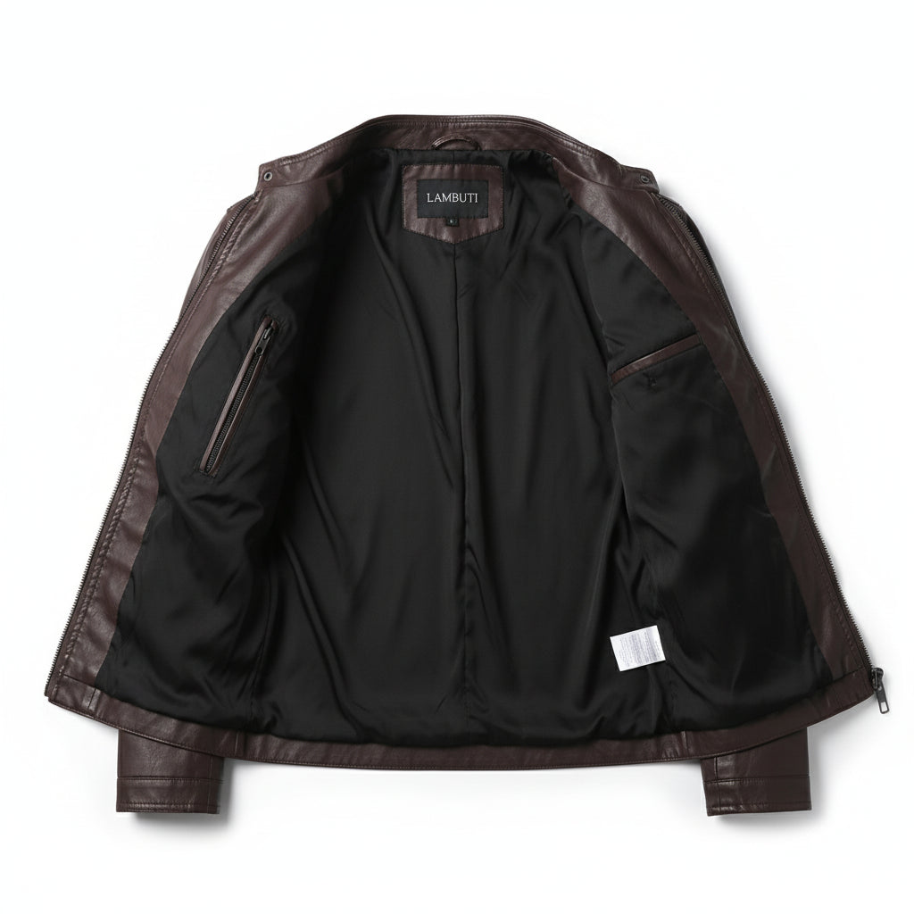 close-up-lining - Men Brown Leather Jacket, Biker Jacket for Men, Winter Leather Apparel