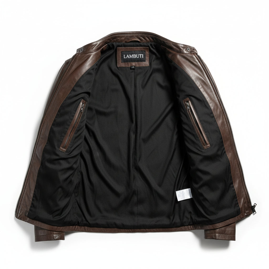 close-up-lining - Men Brown Leather Jacket, Mens Biker Jacket, Casual Leather Jackets