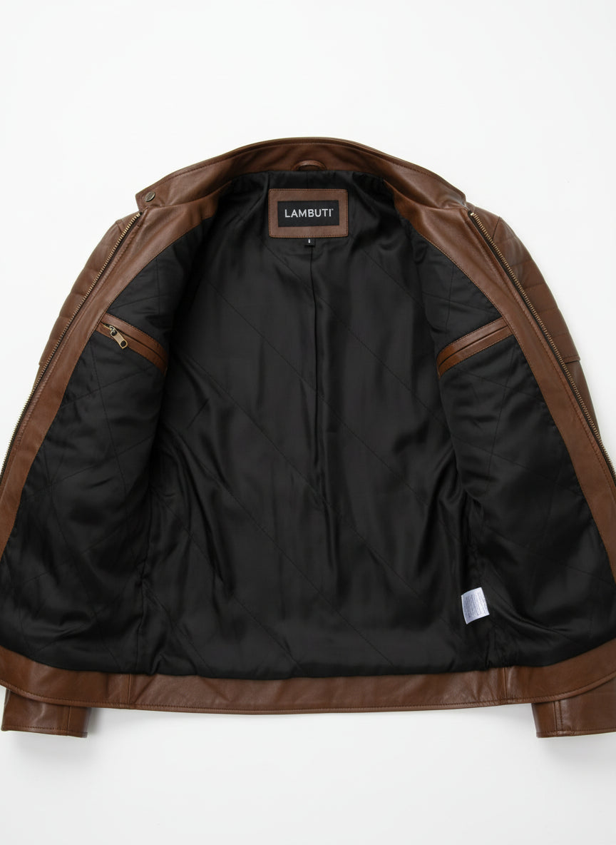 close-up-lining - Men Brown Real Leather motocycle Jacket, Men Antique Brown Biker Jacket